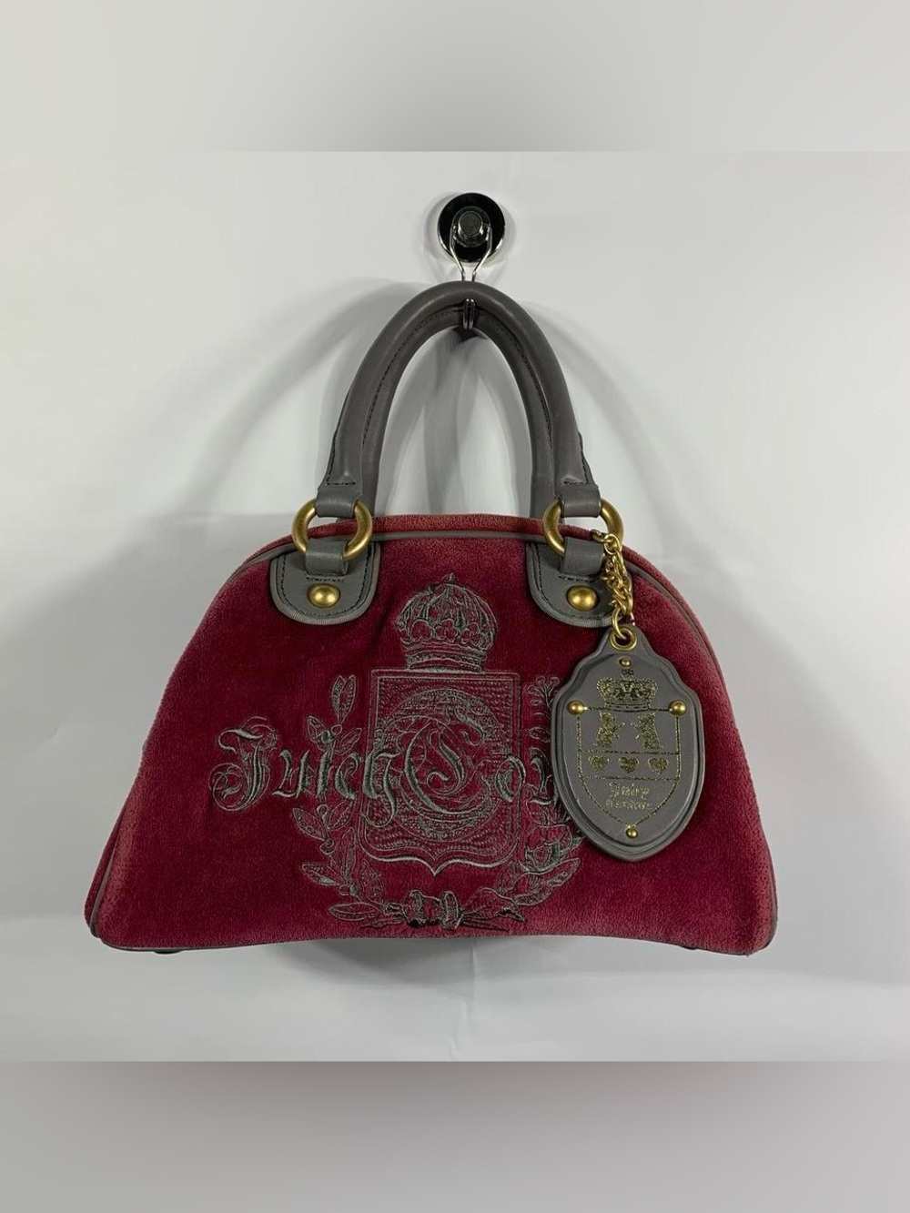 Juicy Couture Velour Bowler Bag Magenta Berry Crest McBling Handbag Vintage Y2K